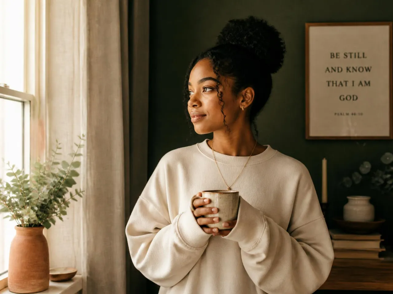 A woman in a cream sweatshirt holding a Kosmos mug in soft morning light